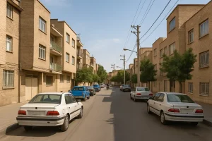 «نمای یک خیابان مسکونی در محلهای شهری با ساختمانهای ۳ تا ۴ طبقه آجری، خودروهای پارکشده در دو طرف خیابان و تعدادی درخت در حاشیه پیادهرو، در روزی آفتابی.»