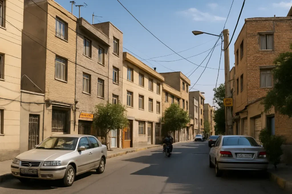 «نمایی واقعی از یک خیابان مسکونی در محله‌ای قدیمی با ساختمان‌های چندطبقه آجری و سیمانی، خودروهای پارک‌شده در دو طرف خیابان و یک موتورسوار در حال عبور، در روزی آفتابی.»