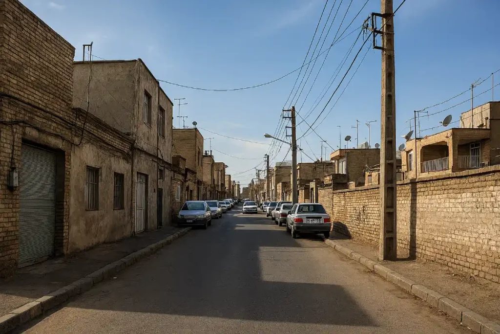 «نمایی از یک خیابان مسکونی در محله‌ای قدیمی، با خانه‌های آجری و سیم‌کشی‌های هوایی، خودروهای پارک‌شده در دو طرف خیابان و آسمان صاف آبی.»