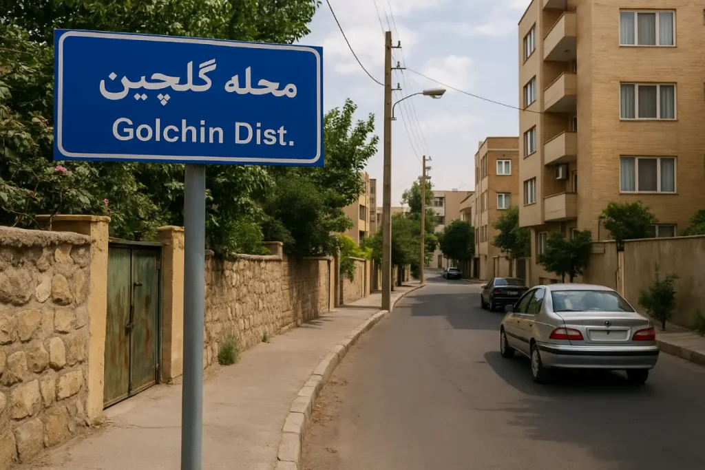 «نمای یک خیابان آرام در محله گلچین با ساختمان‌های مسکونی، دیوار سنگی، درختان و تابلوی آبی رنگِ محله گلچین در پیش‌زمینه.»