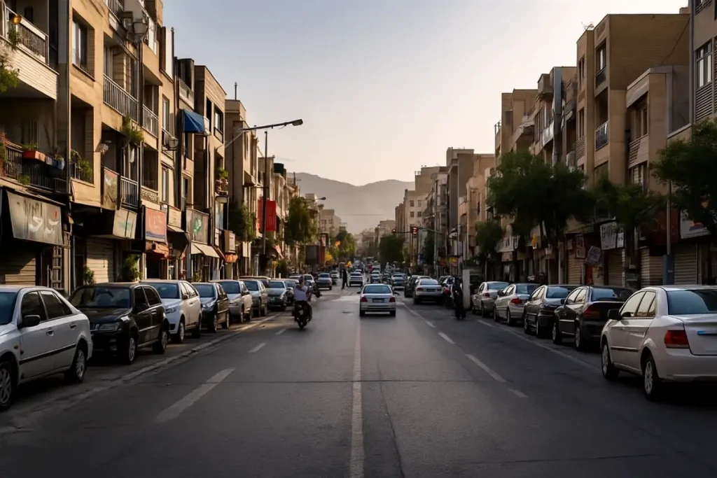 خیابانی پهن با ساختمان‌های مسکونی و تجاری در دو طرف، ردیف خودروهای پارک‌شده، رفت‌وآمد خودرو و موتورسوار در وسط خیابان، و کوه‌ها در پس‌زمینه در نور عصرگاهی