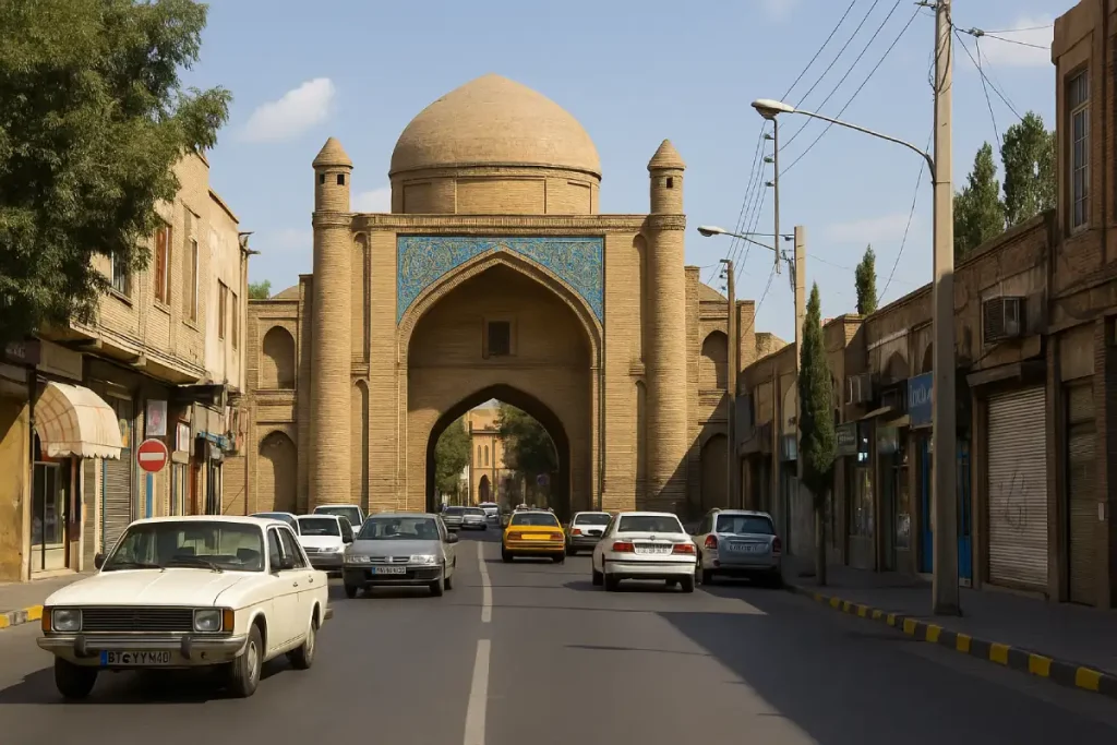 «نمایی واقعی از خیابان و دروازه قدیمی قزوین (دروازه تهران)، بنای آجری با گنبد و تزیینات فیروزه‌ای، در حالی‌که خودروها از خیابان عبور می‌کنند و مغازه‌های قدیمی در دو طرف خیابان دیده می‌شود.»