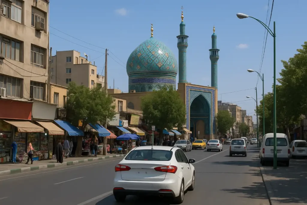 نمایی از خیابان امام‌زاده حسن تهران با گنبد فیروزه‌ای و مناره‌های بلند امام‌زاده در مرکز تصویر، مغازه‌های قدیمی با سایه‌بان‌های رنگی در دو طرف خیابان، عابران پیاده و خودروهای عبوری در یک روز آفتابی.