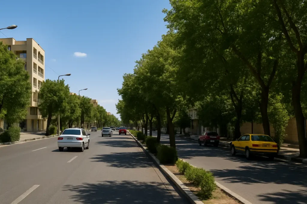 «نمایی از خیابان اصلی محله سجاد با ساختمان‌های مسکونی، درختان سرسبز و خودروهایی که در دو طرف خیابان در حرکت هستند.»