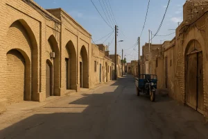«کوچهای قدیمی با ساختمانهای خشتوگلی در محلهای سنتی، همراه با یک موتور سهچرخ آبی پارکشده در کنار دیوار، زیر نور آفتاب.»