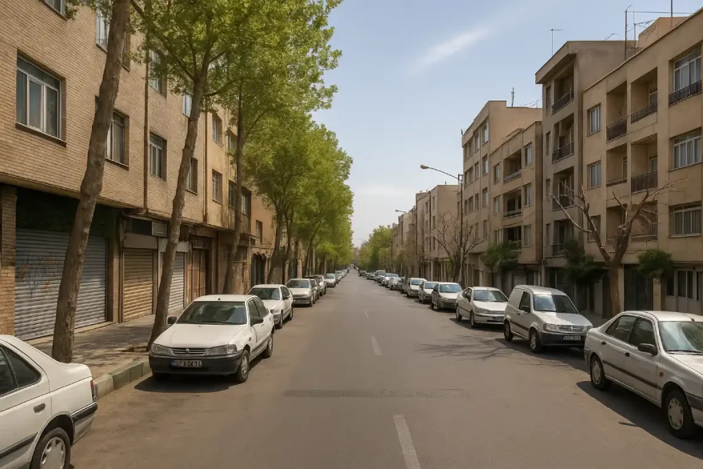 «نمایی از خیابان‌های مسکونی محله ابوذر غربی با ساختمان‌های چندطبقه، درختان سرسبز در دو طرف خیابان و خودروهای پارک‌شده در حاشیه»