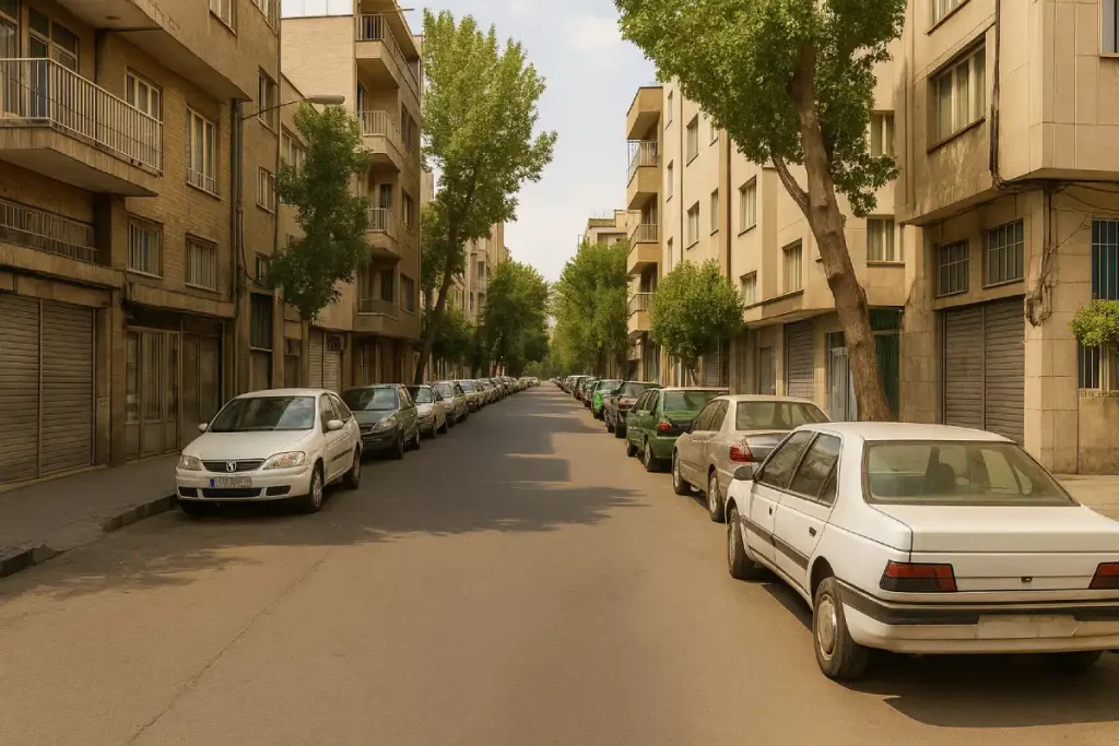 «نمایی از یک خیابان مسکونی آرام با ساختمان‌های چندطبقه، درختان سبز دو طرف خیابان و خودروهای پارک‌شده در طول مسیر در یک روز آفتابی.»