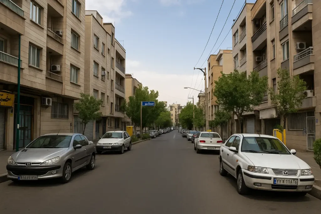 نمایی از یک خیابان مسکونی آرام با ساختمان‌های چندطبقه، خودروهای پارک‌شده در دو طرف خیابان و درختان سبز که فضا را پوشانده‌اند.
