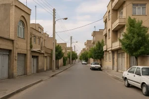 نمایی از یک خیابان مسکونی آرام با ساختمانهای آجری، درختان ردیفی و چند خودرو پارکشده در دو طرف خیابان
