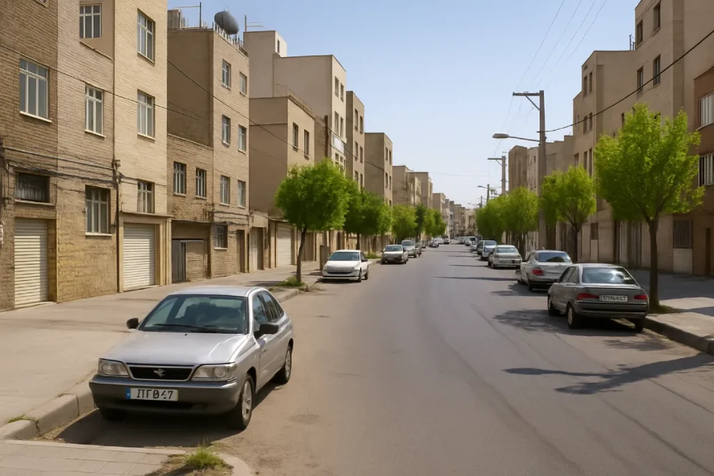«نمایی از یک خیابان مسکونی آرام با ساختمان‌های چندطبقه آجری، درختان سبزِ ردیفی، و خودروهای پارک‌شده در دو طرف خیابان در یک روز آفتابی»