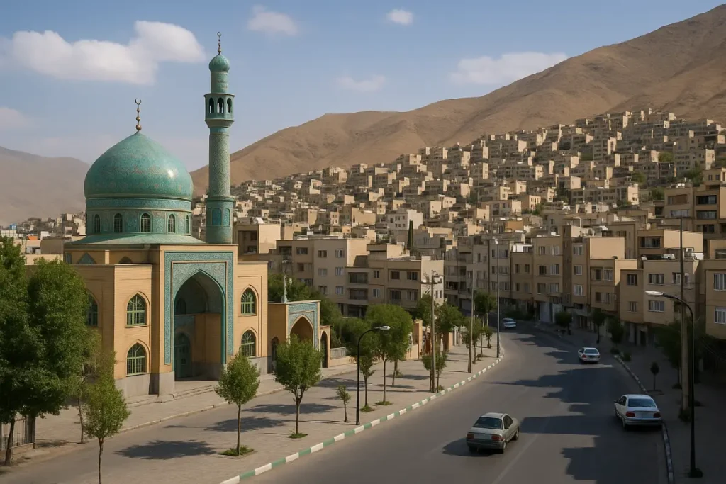 نمایی واقعی از محله‌ای مسکونی در دامنه کوه با مسجدی گنبد فیروزه‌ای در پیش‌زمینه و خیابانی آرام در شهرک صاحب‌الزمان