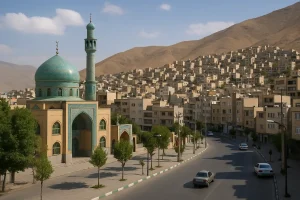 نمایی واقعی از محلهای مسکونی در دامنه کوه با مسجدی گنبد فیروزهای در پیشزمینه و خیابانی آرام در شهرک صاحبالزمان