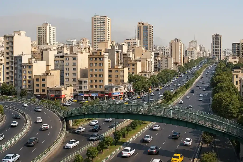 نمایی گسترده از محله‌ای شهری در تهران با ساختمان‌های بلند مسکونی و تجاری، بزرگراهی چندخطه با ترافیک روان، فضای سبز میان جاده‌ها و یک پل عابر پیاده سبزرنگ که از بالای بزرگراه عبور کرده است.