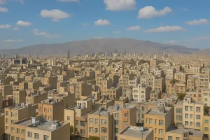 «نمای هوایی از محله خانیآباد نو در جنوبغرب تهران با ساختمانهای چندطبقه و رشتهکوه البرز در پسزمینه.»