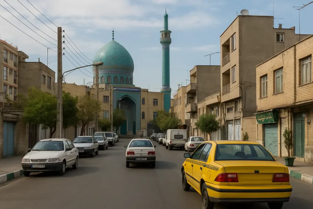 «نمایی از یک خیابان مسکونی در محله‌ای قدیمی با مسجدی دارای گنبد و مناره آبی در انتهای خیابان، خودروهای پارک‌شده در دو طرف و بافت شهری سنتی.»