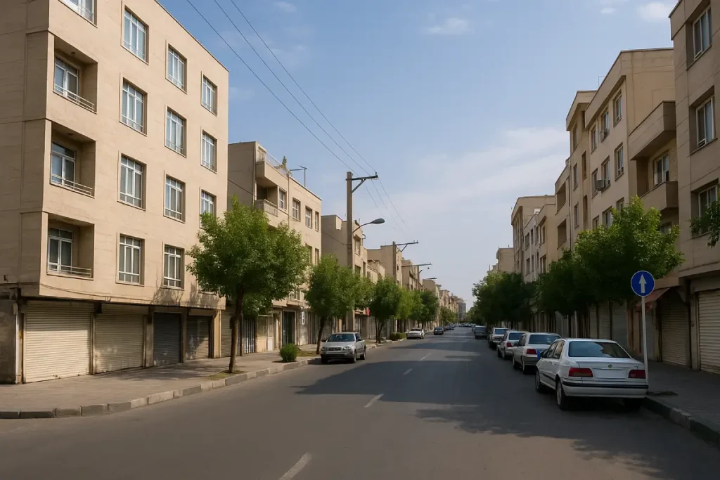 «نمایی از خیابان‌های محله خانی‌آباد نو شمالی در منطقه ۱۹ تهران با ساختمان‌های چندطبقه نوساز، درختان حاشیه خیابان، خودروهای پارک‌شده و آسمان صاف در یک روز آفتابی»