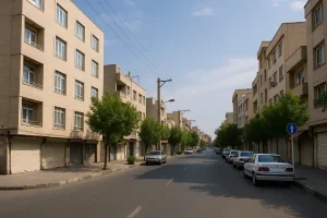 «نمایی از خیابانهای محله خانیآباد نو شمالی در منطقه ۱۹ تهران با ساختمانهای چندطبقه نوساز، درختان حاشیه خیابان، خودروهای پارکشده و آسمان صاف در یک روز آفتابی»