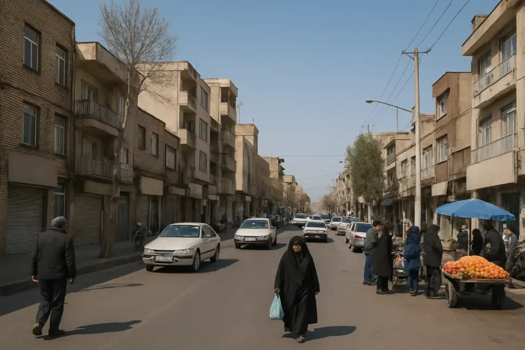 «نمایی از یک خیابان شلوغ در محله‌ای قدیمی، با ساختمان‌های چندطبقه فرسوده در دو طرف خیابان، چند خودرو در حال حرکت، زنی با چادر مشکی در حال عبور از وسط خیابان و دست‌فروشی میوه در سمت راست تصویر، در یک روز آفتابی.»