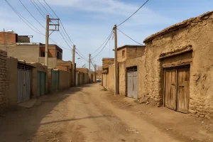 «کوچهای خاکی در محلهای قدیمی با دیوارهای کاهگلی، درهای فلزی و چوبی، و تیرهای برق که سیمها از میان آنها عبور کردهاند، در یک روز صاف و آفتابی.»