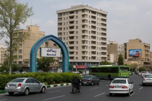 «نمایی از محله رسالت تهران با طاق آبی مزین به کاشیکاری، خیابانهای پرتردد، ساختمانهای مسکونی بلند و رفتوآمد خودروها در یک روز نیمهابری.»