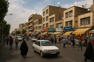 «نمایی از خیابان اصلی محله عبدلآباد تهران با ساختمانهای قدیمی، مغازههای پررفتوآمد، دستفروشان و تردد مردم و خودروها در فضای یک روز نیمهابری.»