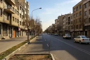 خیابانی وسیع و خلوت در یک محله شهری، با ساختمانهای چندطبقه قدیمی در دو طرف، درختان بدون برگ در امتداد پیادهرو، چند خودرو پارکشده و آسمانی صاف در پسزمینه.