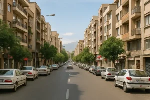«نمایی واقعگرایانه از خیابانی در محلهای شهری با ساختمانهای چندطبقه دو طرف خیابان، درختان سبز، خودروهای پارکشده و کوههای دوردست در پسزمینه.»