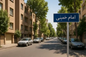 نمایی از خیابانی آرام و تمیز در محله امام خمینی، با ساختمان‌های آجری در دو طرف، درختان سبز و خودروهای پارک‌شده، در روزی آفتابی و با تابلوی آبی‌رنگی که نام «امام خمینی» روی آن نوشته شده است.