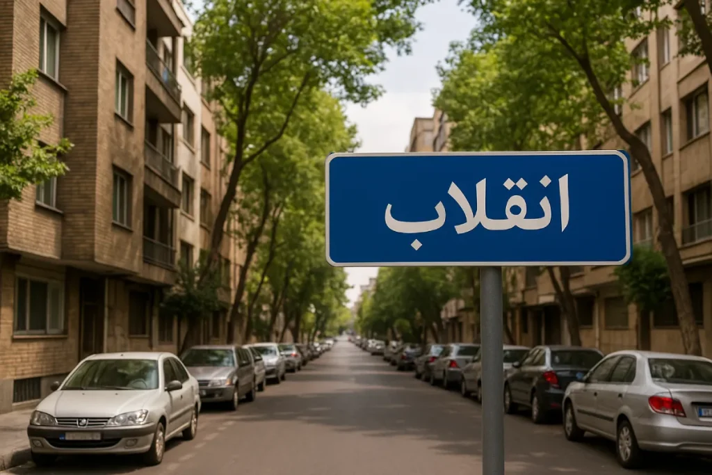 نمایی از خیابان آرام و درخت‌کاری‌شده در محله انقلاب، با ساختمان‌های آجری در دو طرف، خودروهای پارک‌شده در حاشیه خیابان و تابلوی آبی‌رنگی که نام «انقلاب» روی آن نوشته شده است.