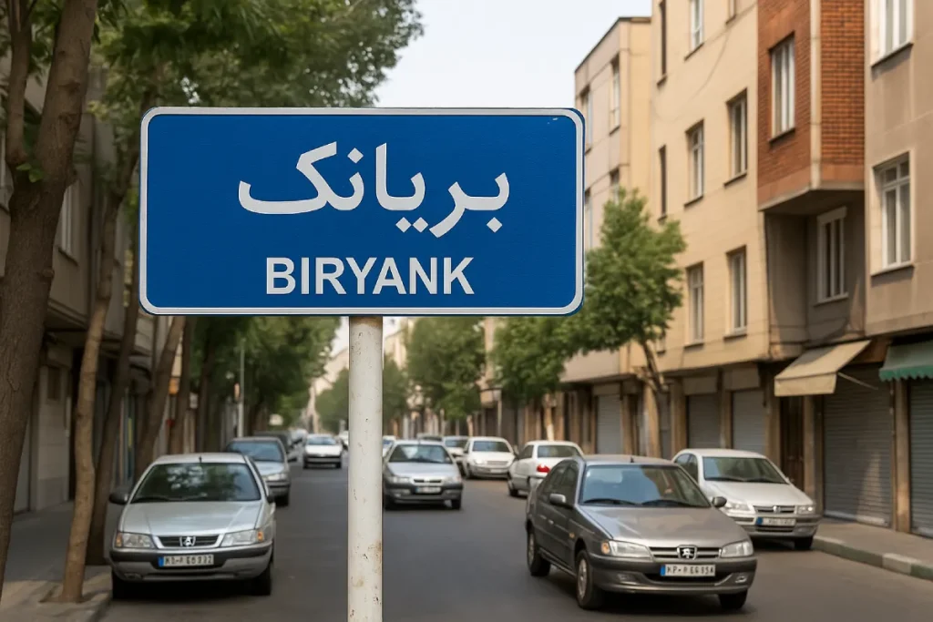 نمایی از خیابان آرامی در محله بریانک با ساختمان‌های چندطبقه، درختان سبز دو طرف خیابان و خودروهای پارک‌شده، همراه با تابلوی آبی‌رنگی که نام «بریانک» روی آن نوشته شده است.