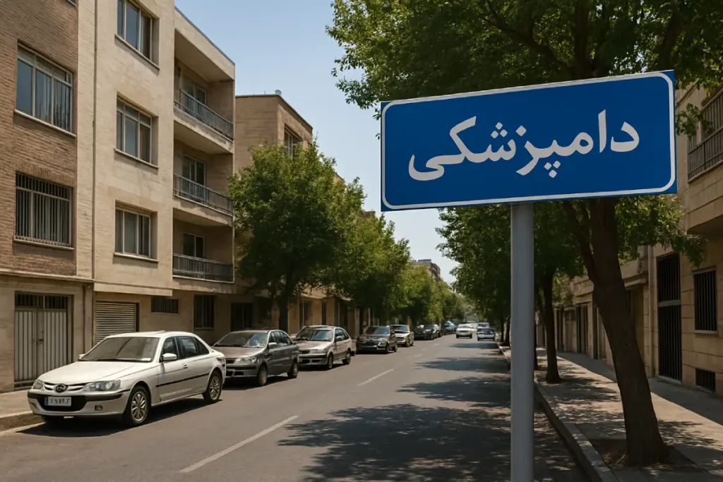 نمایی از خیابانی آرام در محله دامپزشکی، با ساختمان‌های آجری و سنگی در دو طرف، درختان سبز، خودروهای پارک‌شده در حاشیه خیابان و تابلوی آبی‌رنگی که نام «دامپزشکی» روی آن نوشته شده است.