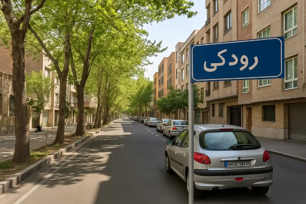 نمایی از خیابان سرسبز و آرام در محله رودکی، با ردیفی از درختان بلند در دو طرف خیابان، ساختمان‌های آجری و مدرن، خودروهای پارک‌شده در حاشیه و تابلوی آبی‌رنگی که نام «رودکی» روی آن نوشته شده است.