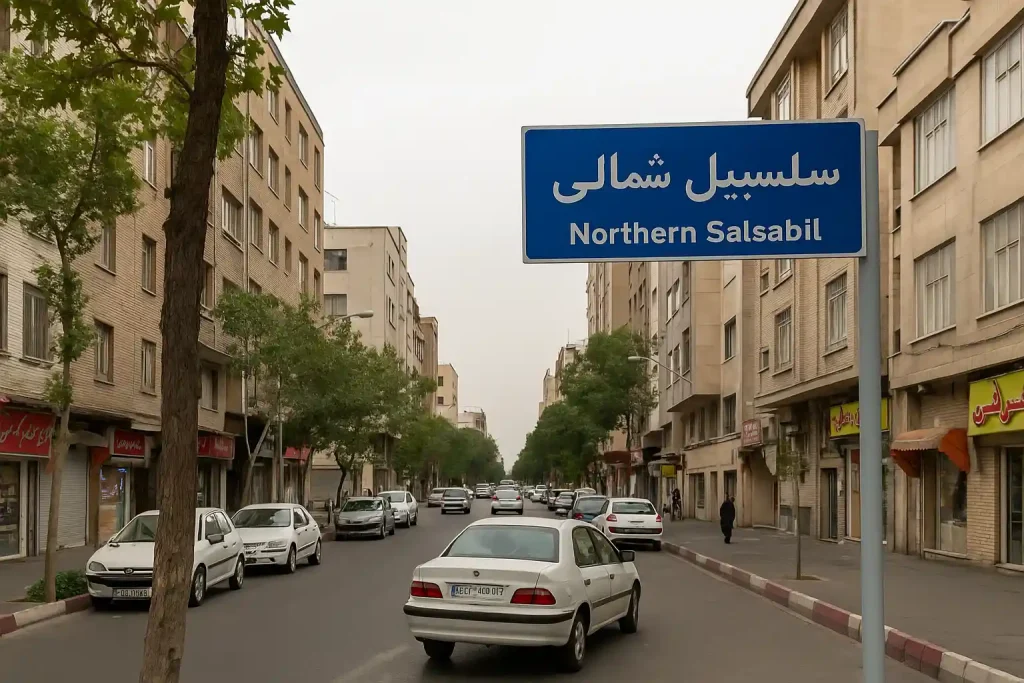 نمایی از خیابان آرام و درخت‌کاری‌شده در محله سلسبیل شمالی، با ساختمان‌های آجری در دو طرف، خودروهای پارک‌شده در حاشیه خیابان و تابلوی آبی‌رنگی که نام «سلسبیل شمالی» روی آن نوشته شده است.