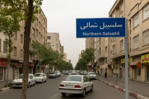 نمایی از خیابان آرام و درختکاریشده در محله سلسبیل شمالی، با ساختمانهای آجری در دو طرف، خودروهای پارکشده در حاشیه خیابان و تابلوی آبیرنگی که نام «سلسبیل شمالی» روی آن نوشته شده است.