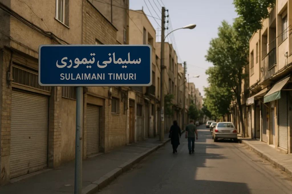 «تابلوی آبی‌رنگ خیابانی با نوشته فارسی "سلیمانی تیموری" در محله‌ای قدیمی از تهران، در حالی که دو نفر در خیابان خلوتی با ساختمان‌های آجری در حال قدم‌زدن هستند.»