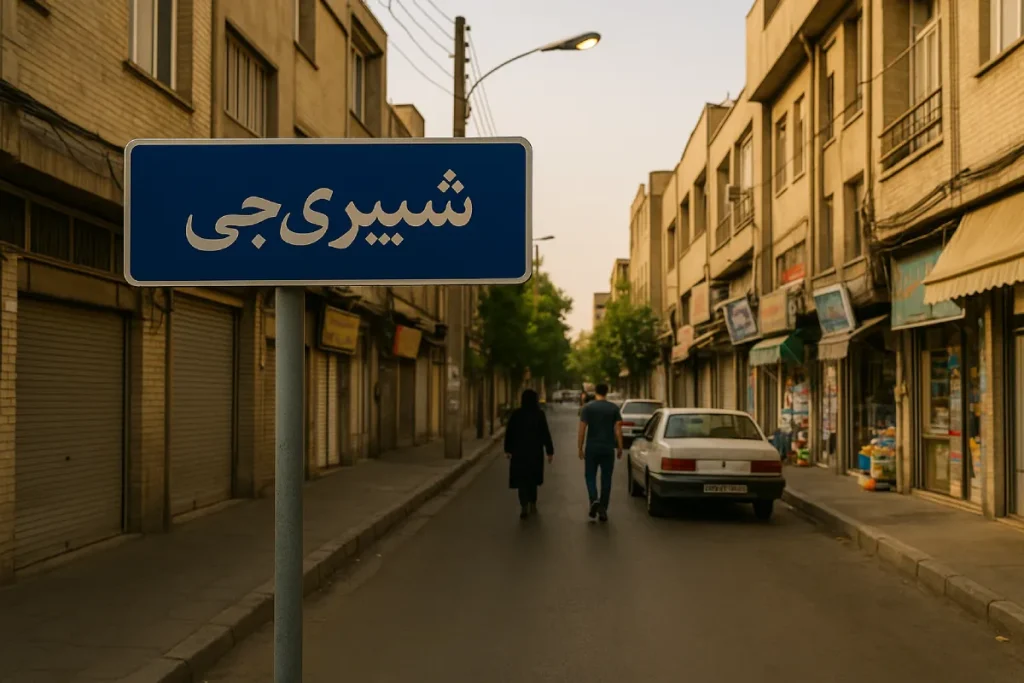 «تابلوی خیابان آبی‌رنگ با نوشته فارسی "شبیری جی" در محله‌ای قدیمی از تهران، در حالی‌که دو نفر در خیابان آرام و درخت‌دار میان ساختمان‌های آجری و مغازه‌های بسته قدم می‌زنند و نور گرم غروب بر صحنه تابیده است.»