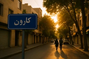«تابلوی خیابان آبیرنگ با نوشته فارسی "کارون" در محلهای آرام و درختدار از تهران، در حالیکه نور گرم غروب خیابان را پوشانده و یک زوج در سکوت عصرگاهی در حال قدمزدن هستند.»