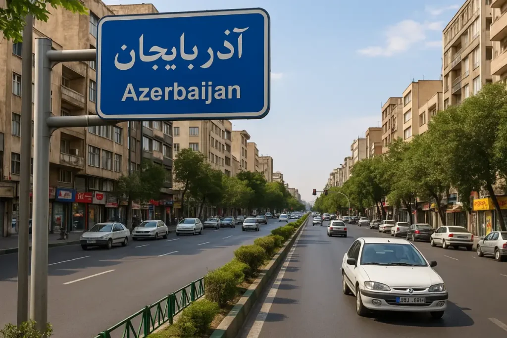 نمایی از خیابان آذربایجان در تهران با ساختمان‌های بلند دو طرف، درختان سبز، تردد خودروها و تابلوی آبی‌رنگ راهنمایی با نوشته «آذربایجان».