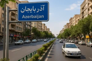 نمایی از خیابان آذربایجان در تهران با ساختمان‌های بلند دو طرف، درختان سبز، تردد خودروها و تابلوی آبی‌رنگ راهنمایی با نوشته «آذربایجان».