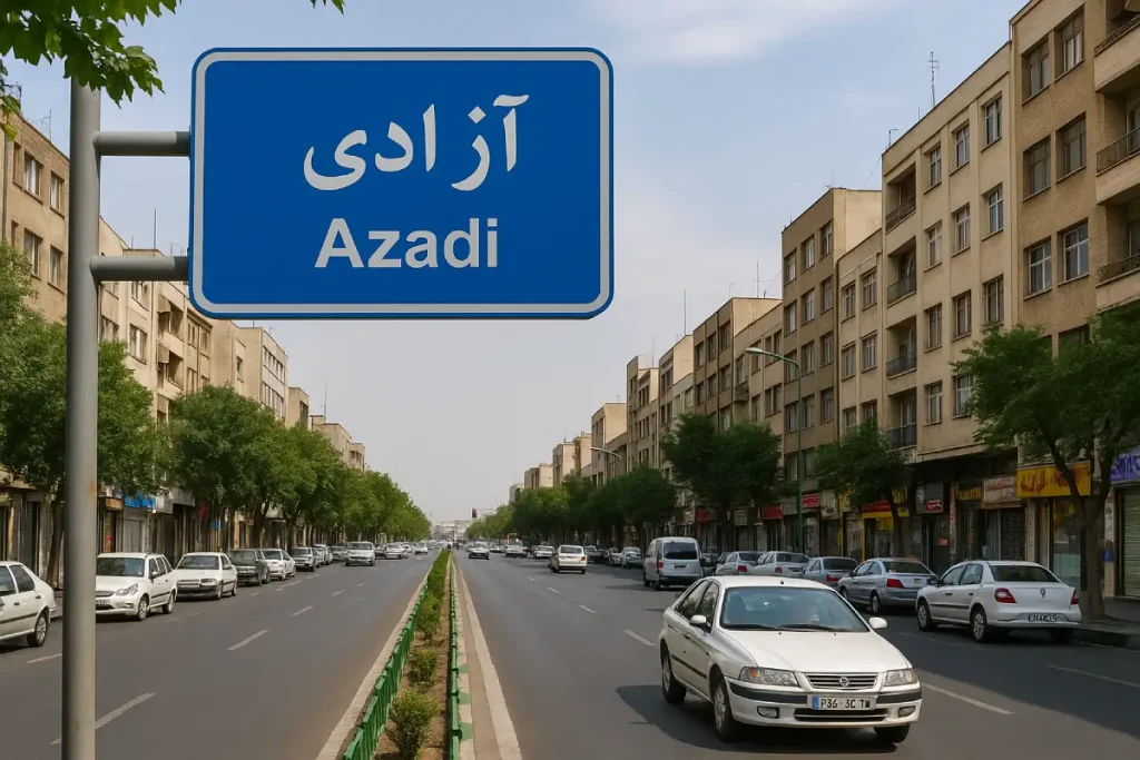 نمایی از خیابان آزادی در تهران با ساختمان‌های بلند دو طرف خیابان، درختان سبز، خودروهای در حال تردد و آسمانی نیمه‌ابری در پس‌زمینه.