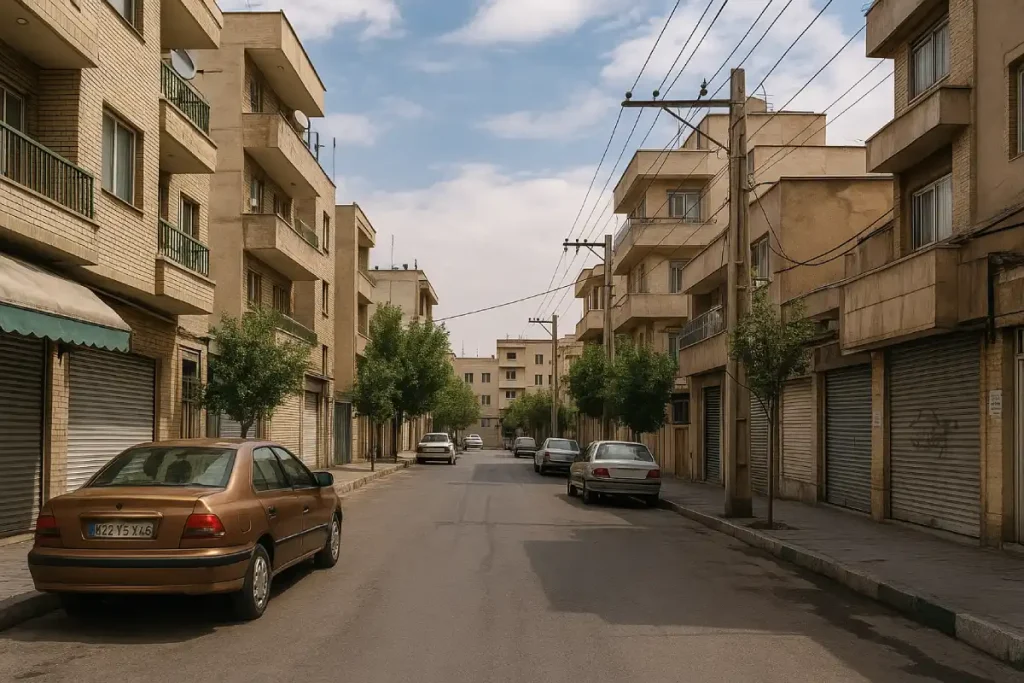 «نمایی از یک خیابان مسکونی آرام با ساختمان‌های چندطبقه آجری و سیمانی، درختان کوچک در حاشیه پیاده‌رو، و چند خودرو پارک‌شده در دو طرف خیابان؛ آسمان کمی ابری و فضای محله خلوت و ساکت است.»