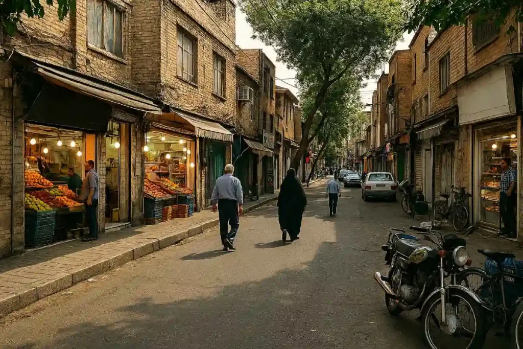 «نمایی از یک خیابان قدیمی و سنتی در یک محله شهری؛ با مغازه‌های میوه‌فروشی و نانوایی در دو طرف، چند عابر پیاده در حال حرکت، موتور و دوچرخه‌های پارک‌شده و درختانی که سایه بر مسیر انداخته‌اند.