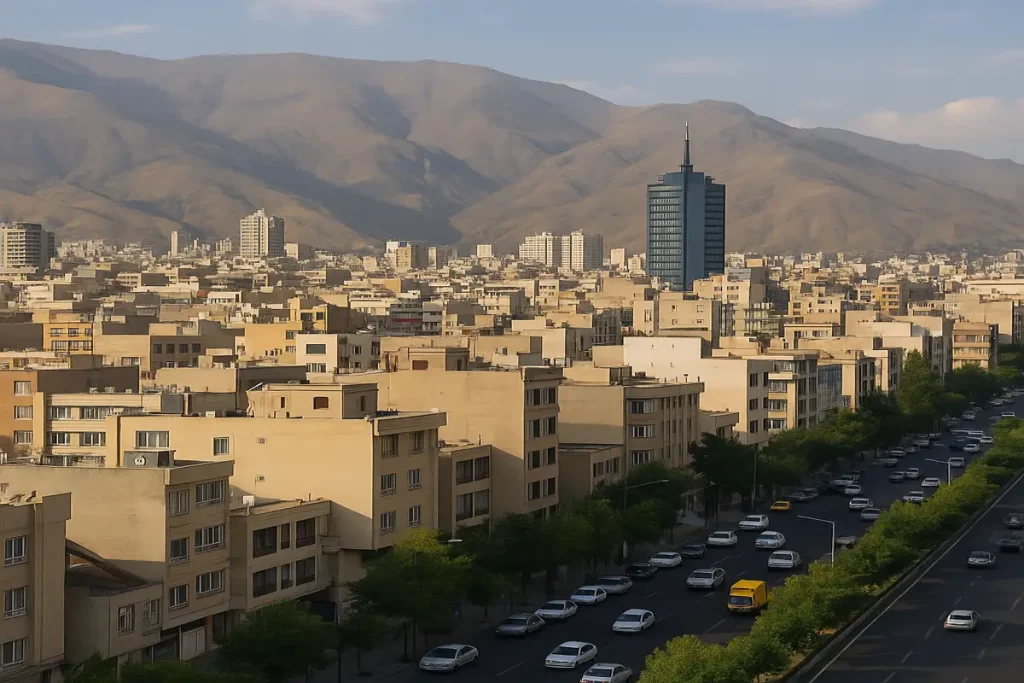 «نمایی واقعی از محله‌ای در غرب تهران با ساختمان‌های مسکونی، خیابان‌های شلوغ و کوه‌های البرز در پس‌زمینه»